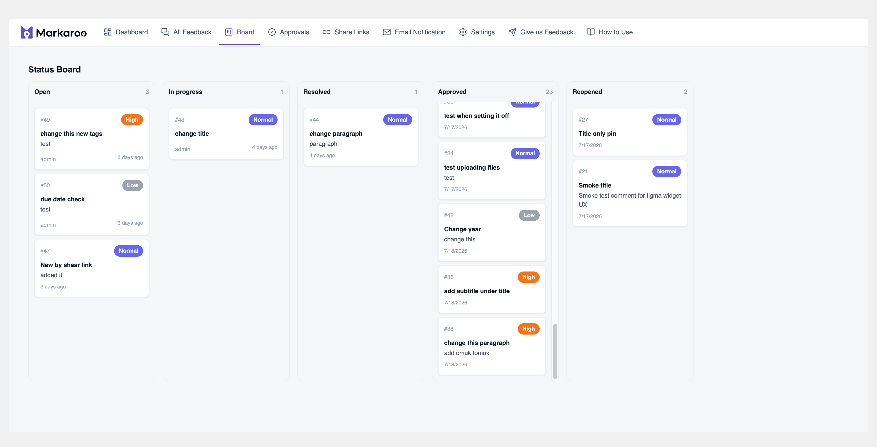 Board view — drag-and-drop task board with columns for each status.