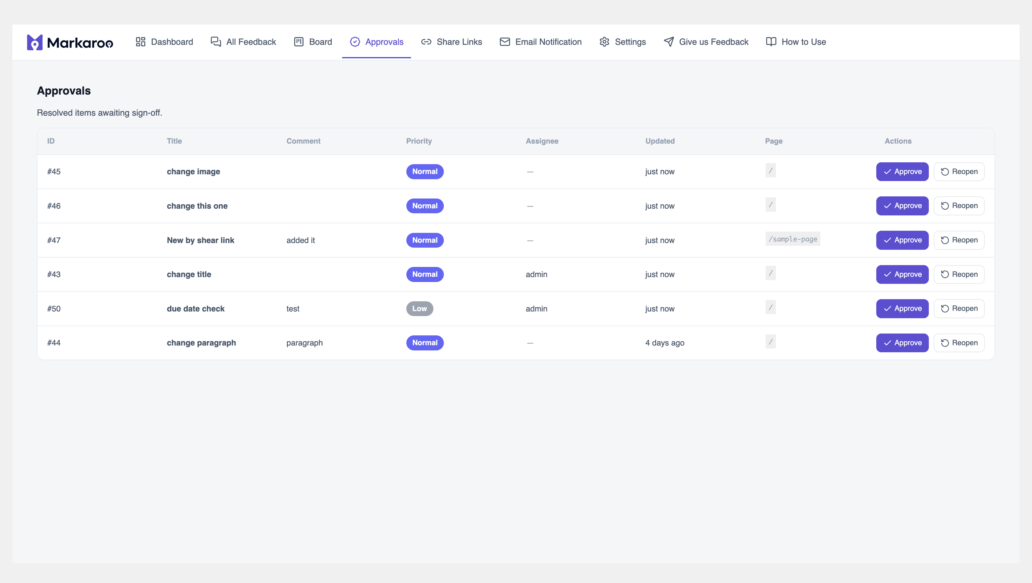 Approvals list — list of feedback pins awaiting approval.