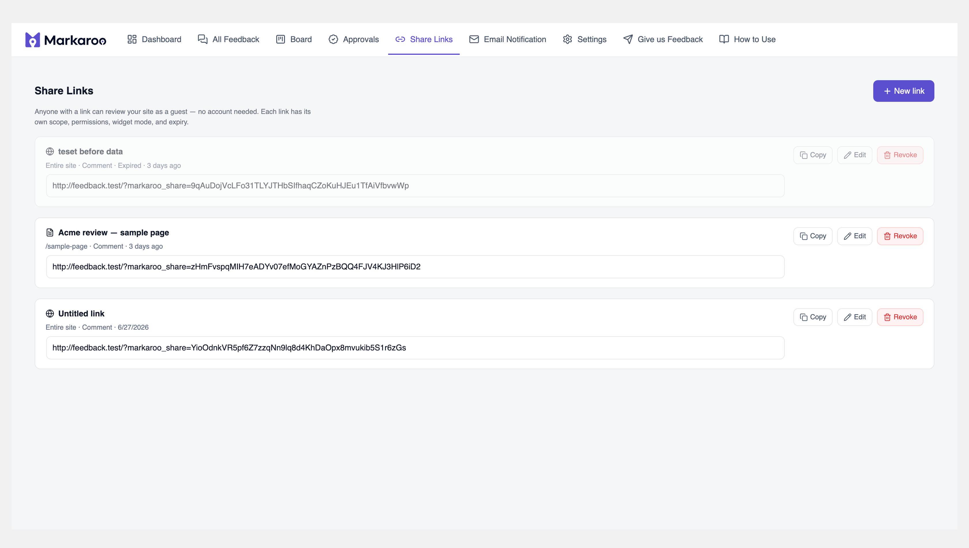 Share Links — generate unique URLs for guests to leave feedback without an account.