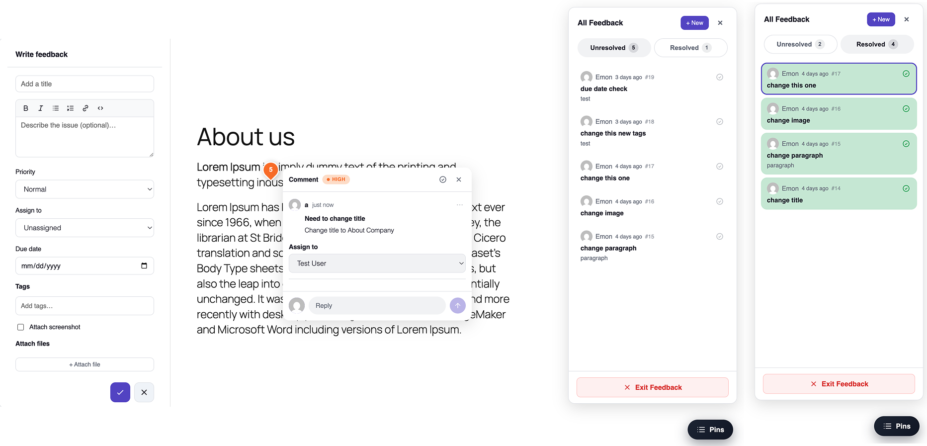 Feedback widget — click to place a pin, draw annotations, write a comment.