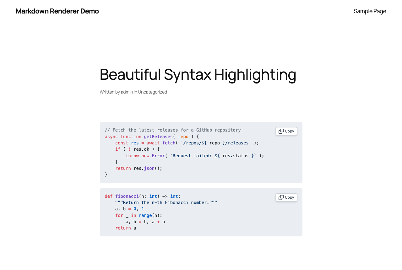 **Beautiful Syntax Highlighting** - Professional code presentation with copy button functionality and native support for 30+ languages