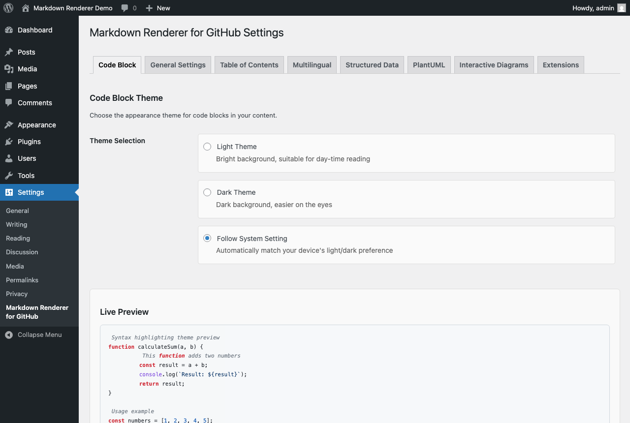 **Admin Settings** - Simple configuration options for themes and performance optimization