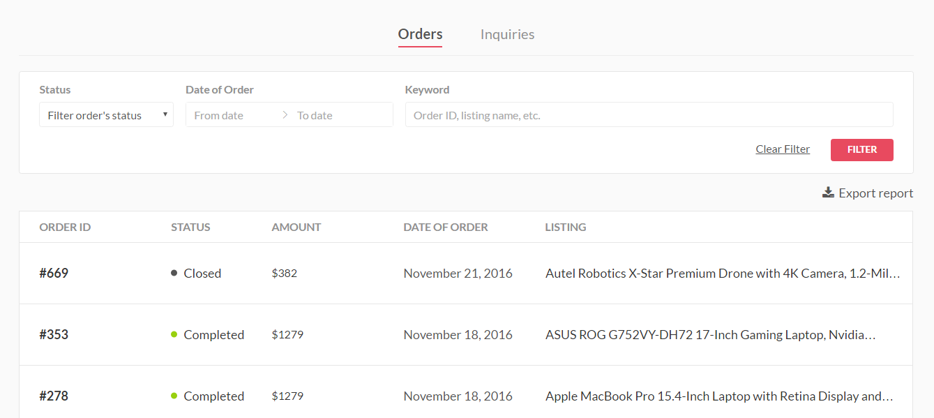Orders Page: List out all your orders with detailed information.