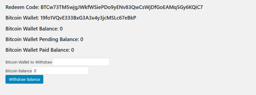 Bitaps Plugin Page. User can get Redeem Code and Can Withdraw their balance.