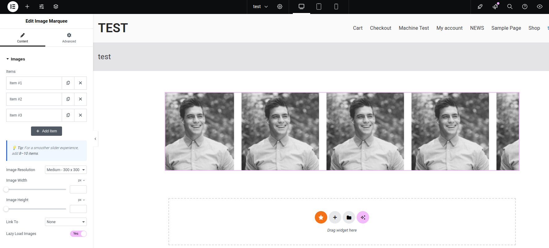 Image Marquee widget – Create continuous scrolling image carousels with customizable direction, spacing, and animation settings.