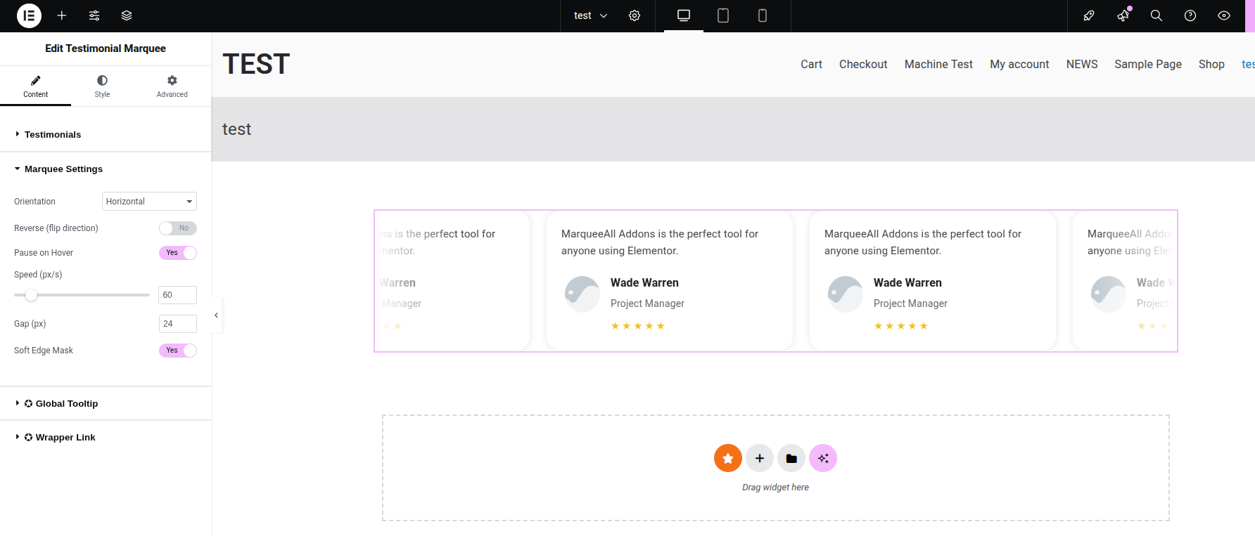 Testimonials Marquee widget – Showcase client testimonials in an infinite marquee with adjustable scroll direction, transition effects, and autoplay controls.