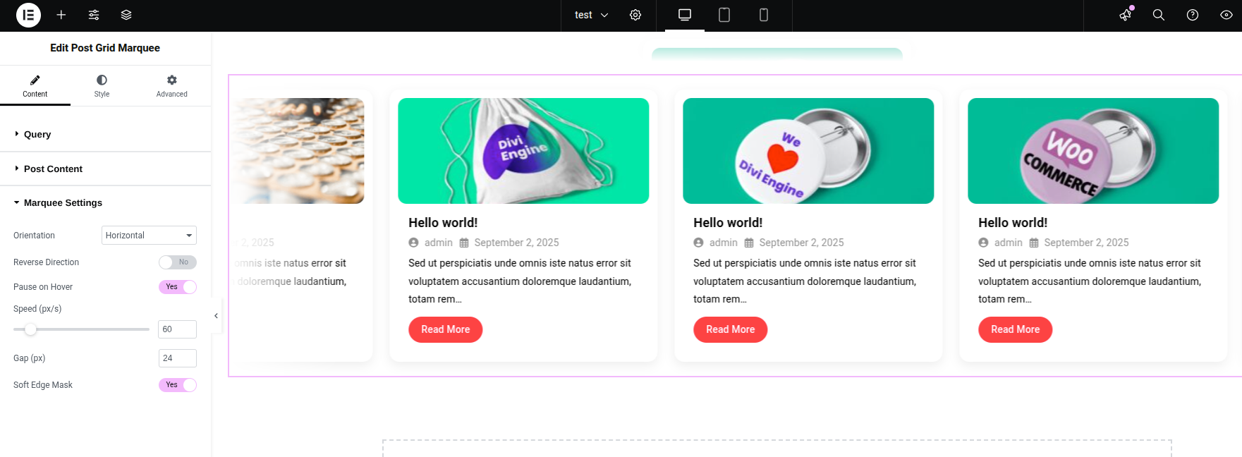 Post Grid Marquee widget – Display posts in a scrolling grid with featured image, author, date, excerpt, and read more link. Supports horizontal/vertical scrolling, reverse, pause-on-hover, speed, and gap settings.