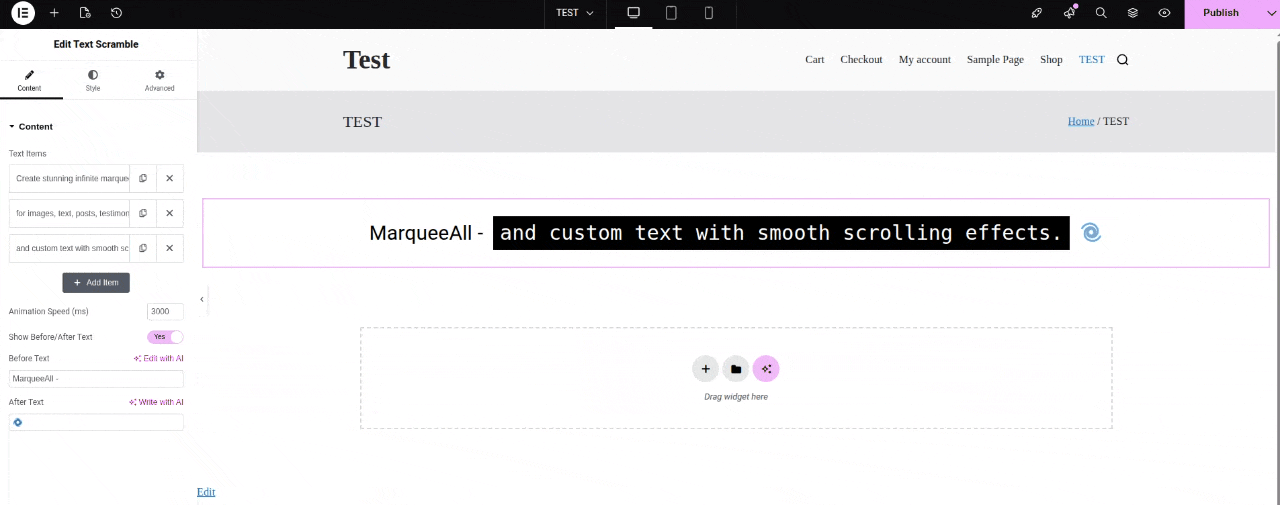 Text Scramble widget – Add eye-catching text animations with before/after text support and full typography controls.