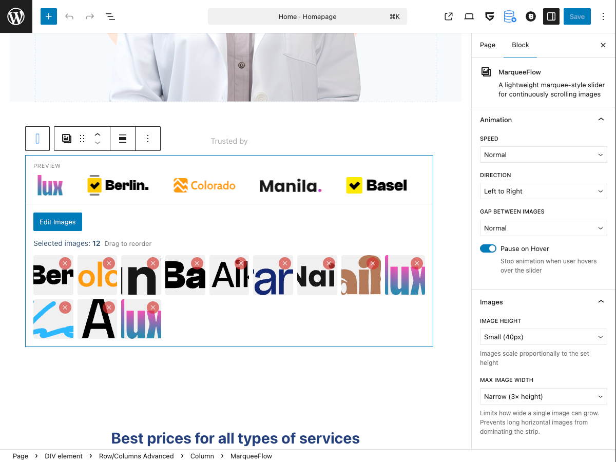 Block editor view showing the live preview, image management, and full settings sidebar