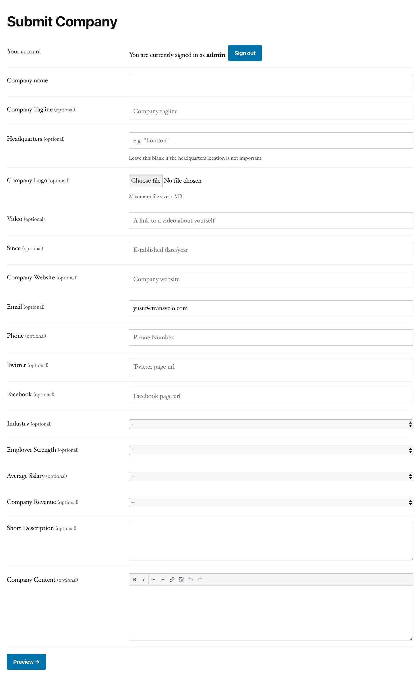 Company Submit Form.