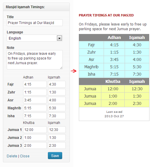 Populate widget form with prayer timings and click "Save".
