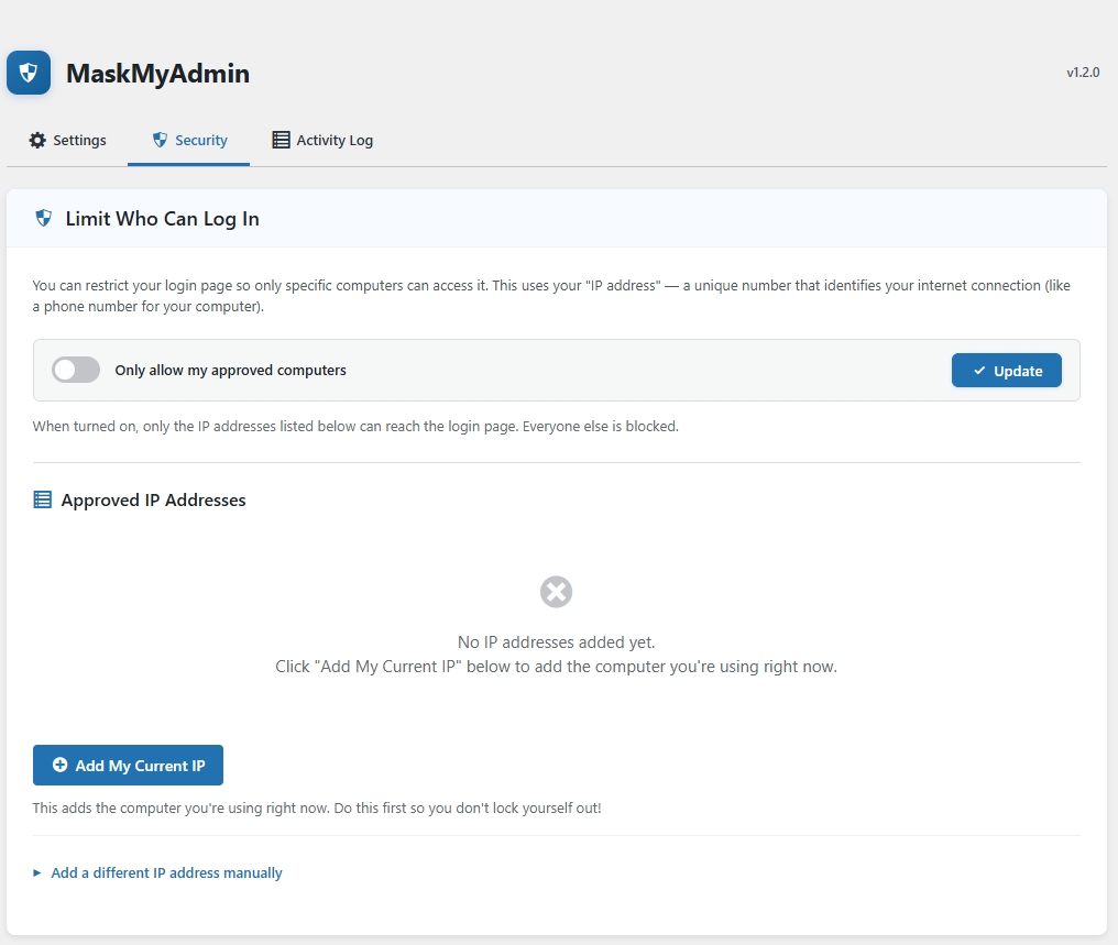 Activity log showing login attempts and settings changes