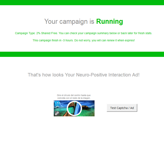 Example of an campaign running (none special, just nature image) with test button and "Running" alert notify.