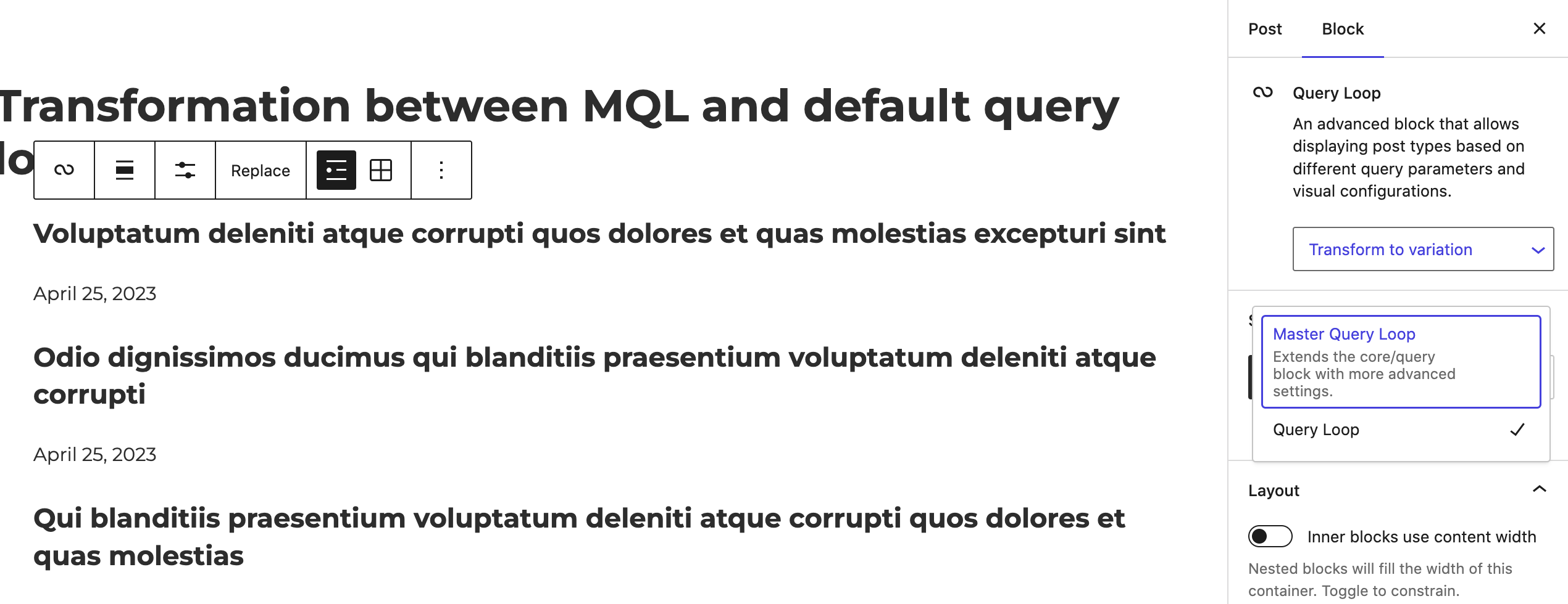 Transform from default query loop to Master Query Loop