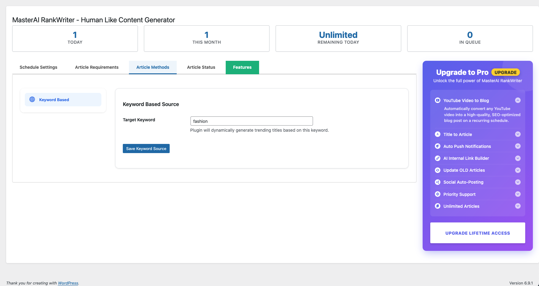 The Article Generator interface.