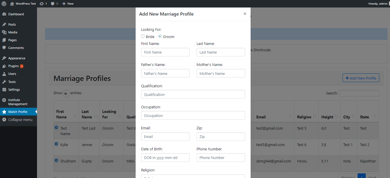 Admin add new profile form