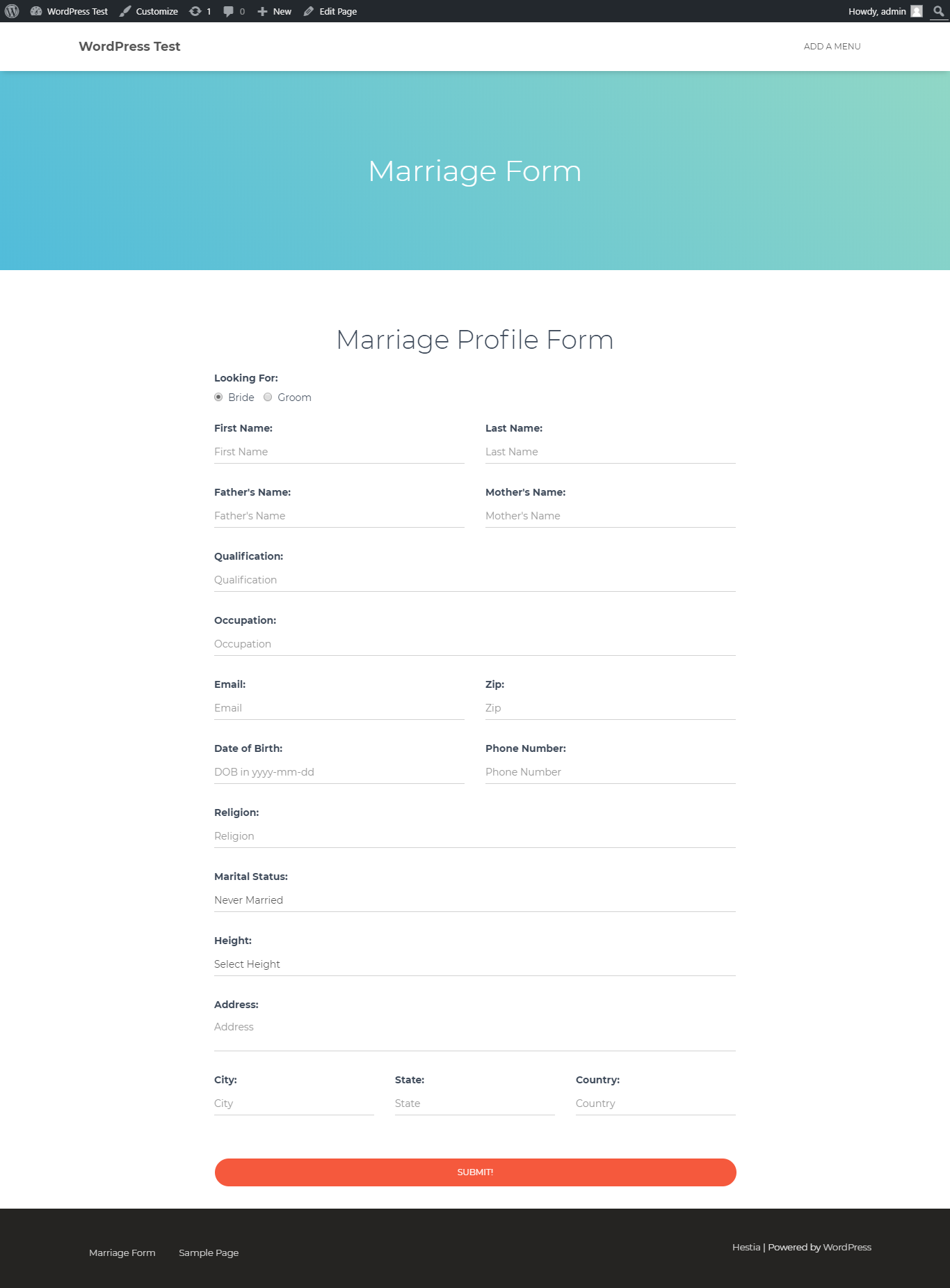 Front-end add marriage profle form