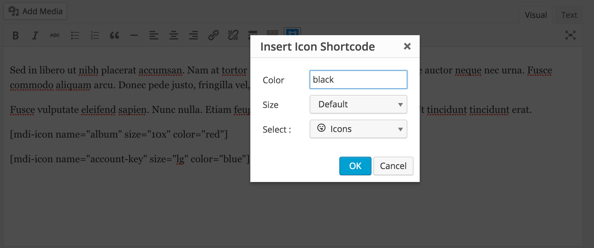 When you click the Material Design Icon in the post editor a pop-up window will appear to help build your icon shortcode.