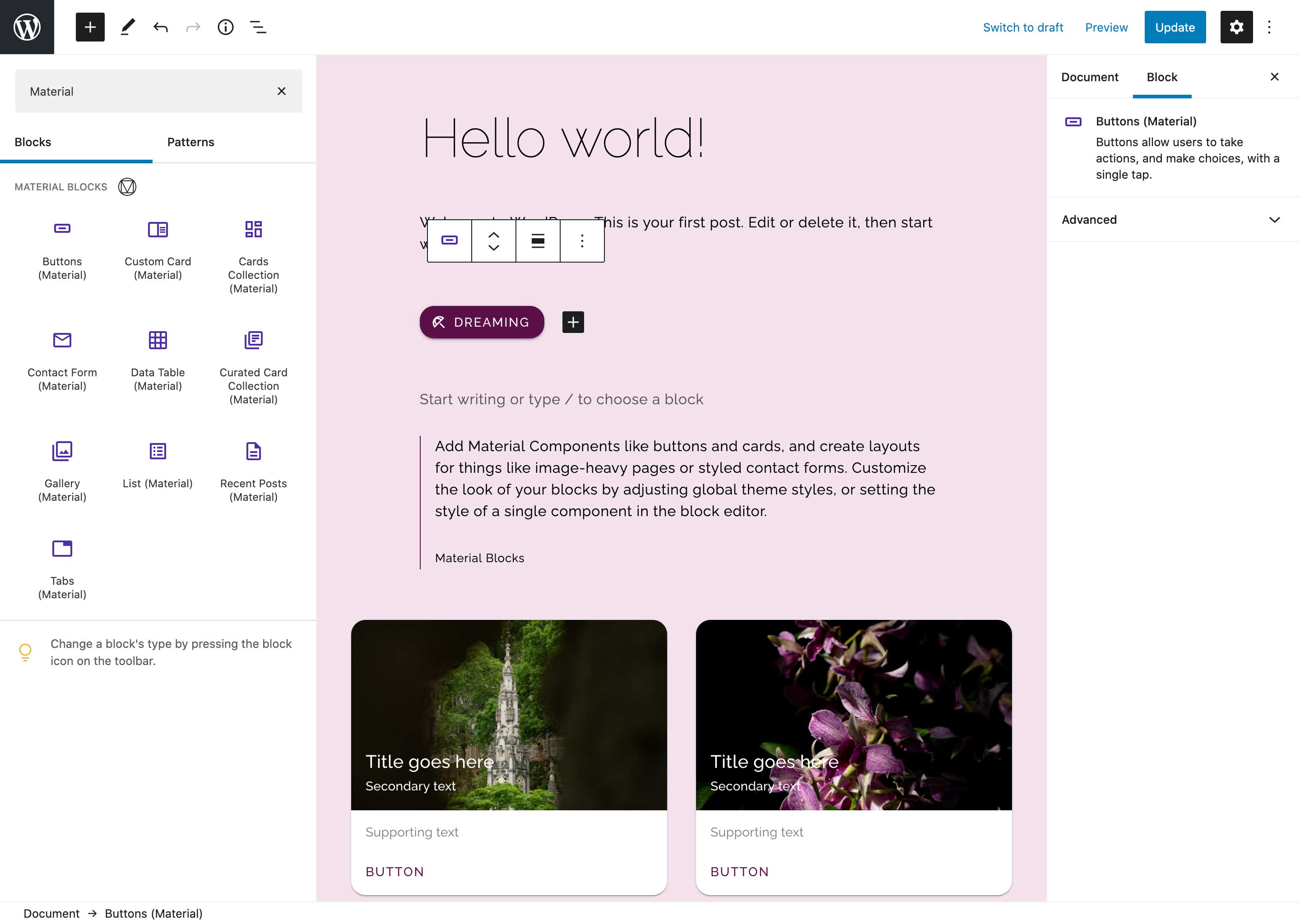 Add Material Components like buttons and cards, and create layouts for things like image-heavy pages or styled contact forms.