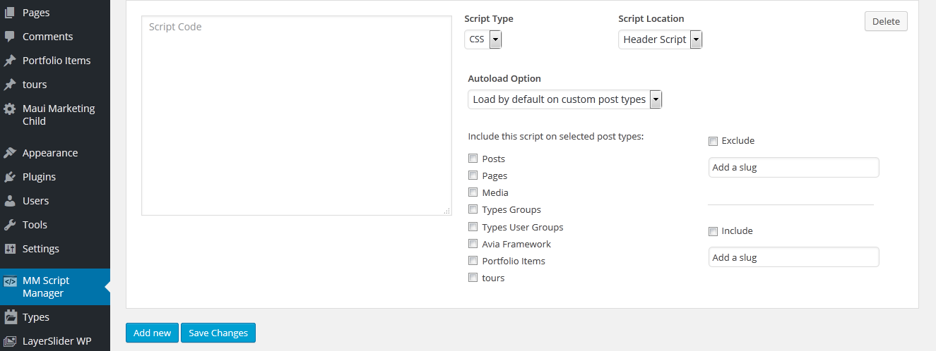 Display Maui Marketing Script Manager Setting page.