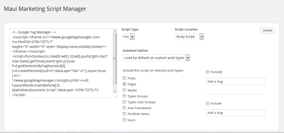 Sample of Body Script with Google Tag Manager code in TAG script type and load by default on custom post types on Pages selected.