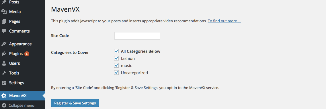 MavenVX settings page