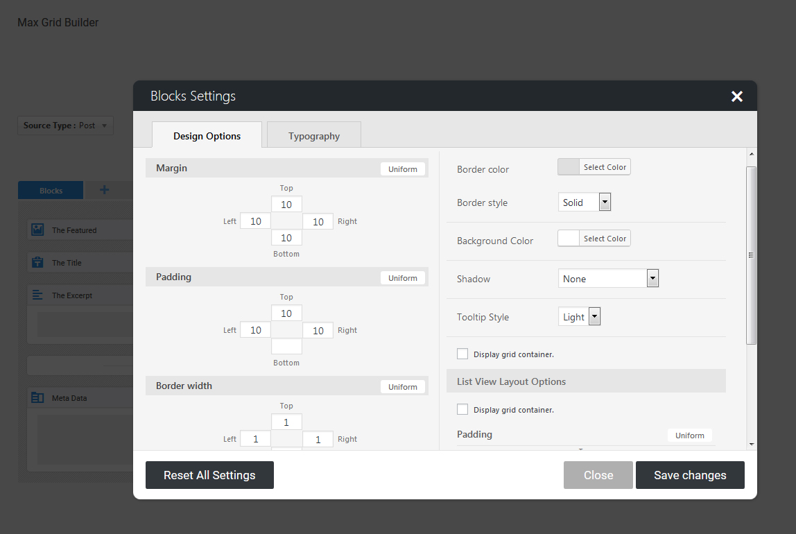 Grid bloks settings panel