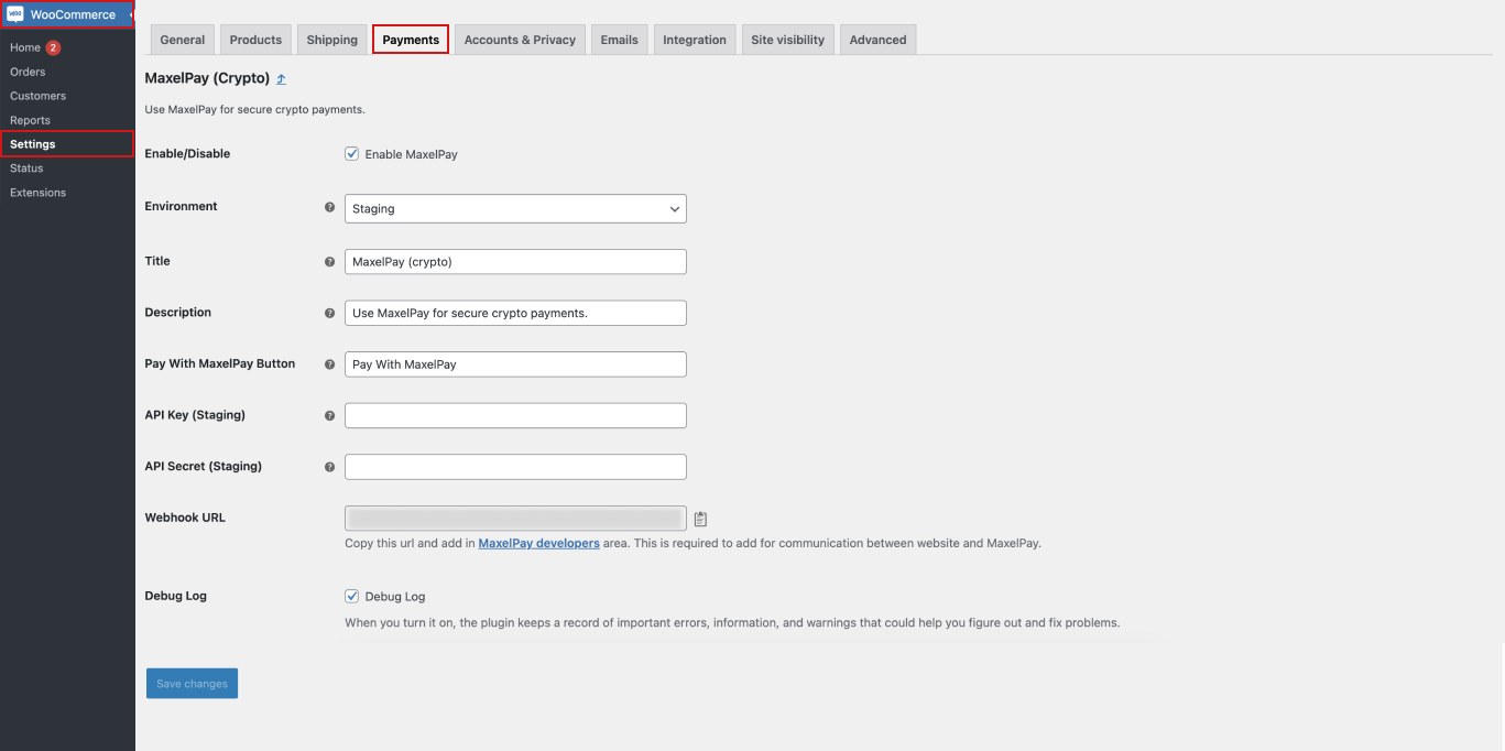 MaxelPay Settings Page