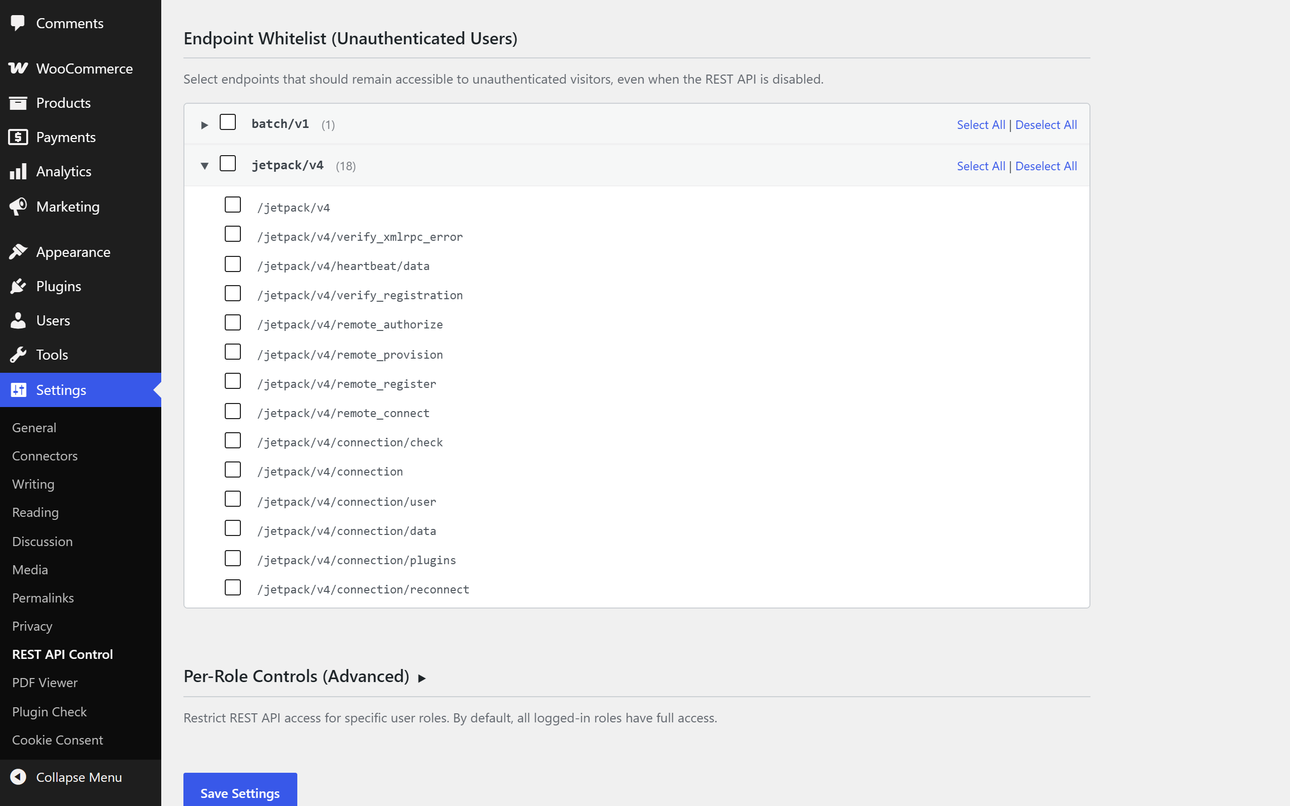Endpoint whitelist — auto-discovered endpoints with collapsible namespace tree.