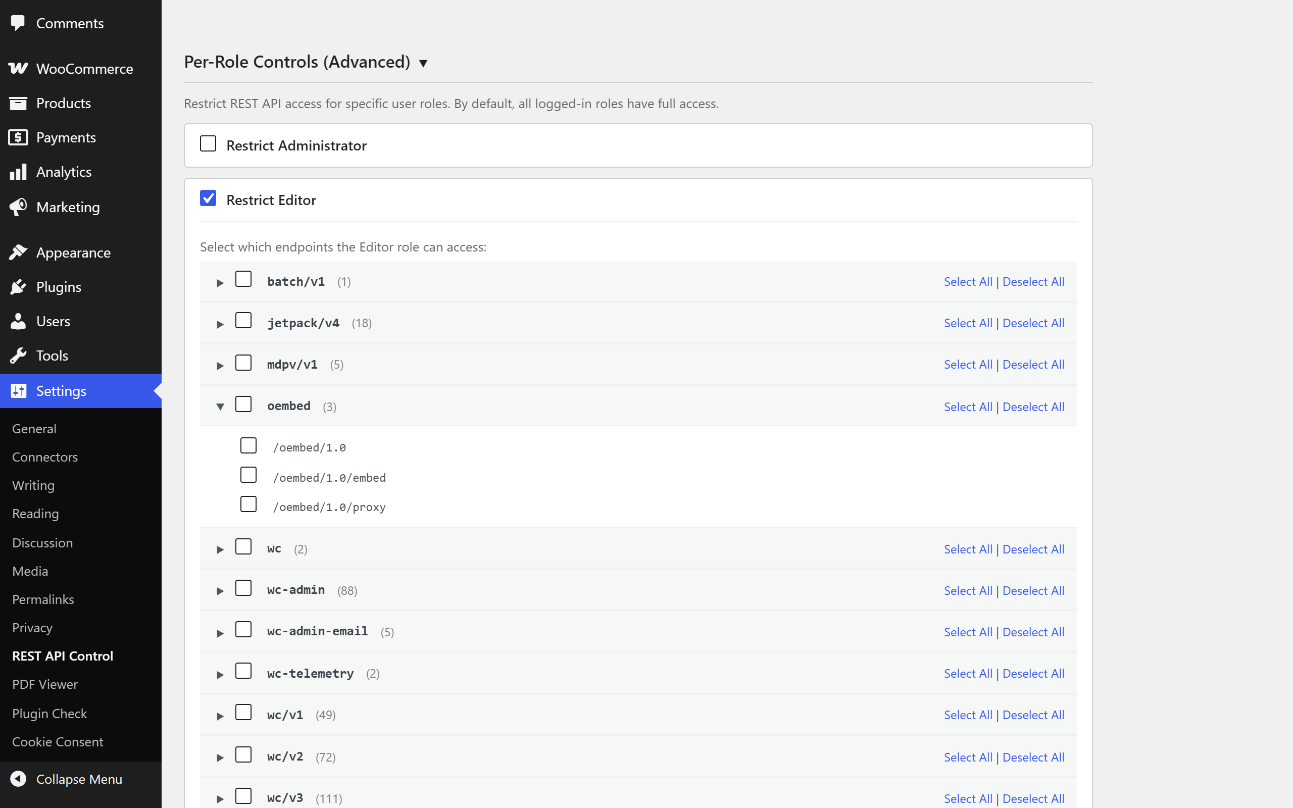 Per-role controls — restrict REST API access for individual user roles.