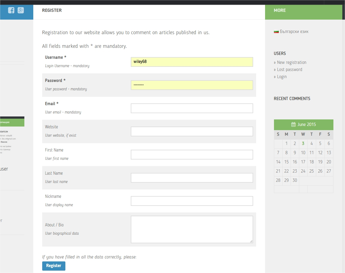 Form to register new user.