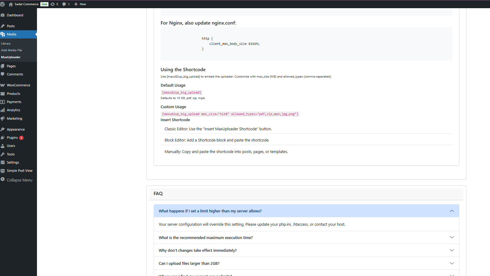 Shortcode uploader displayed in a page or post