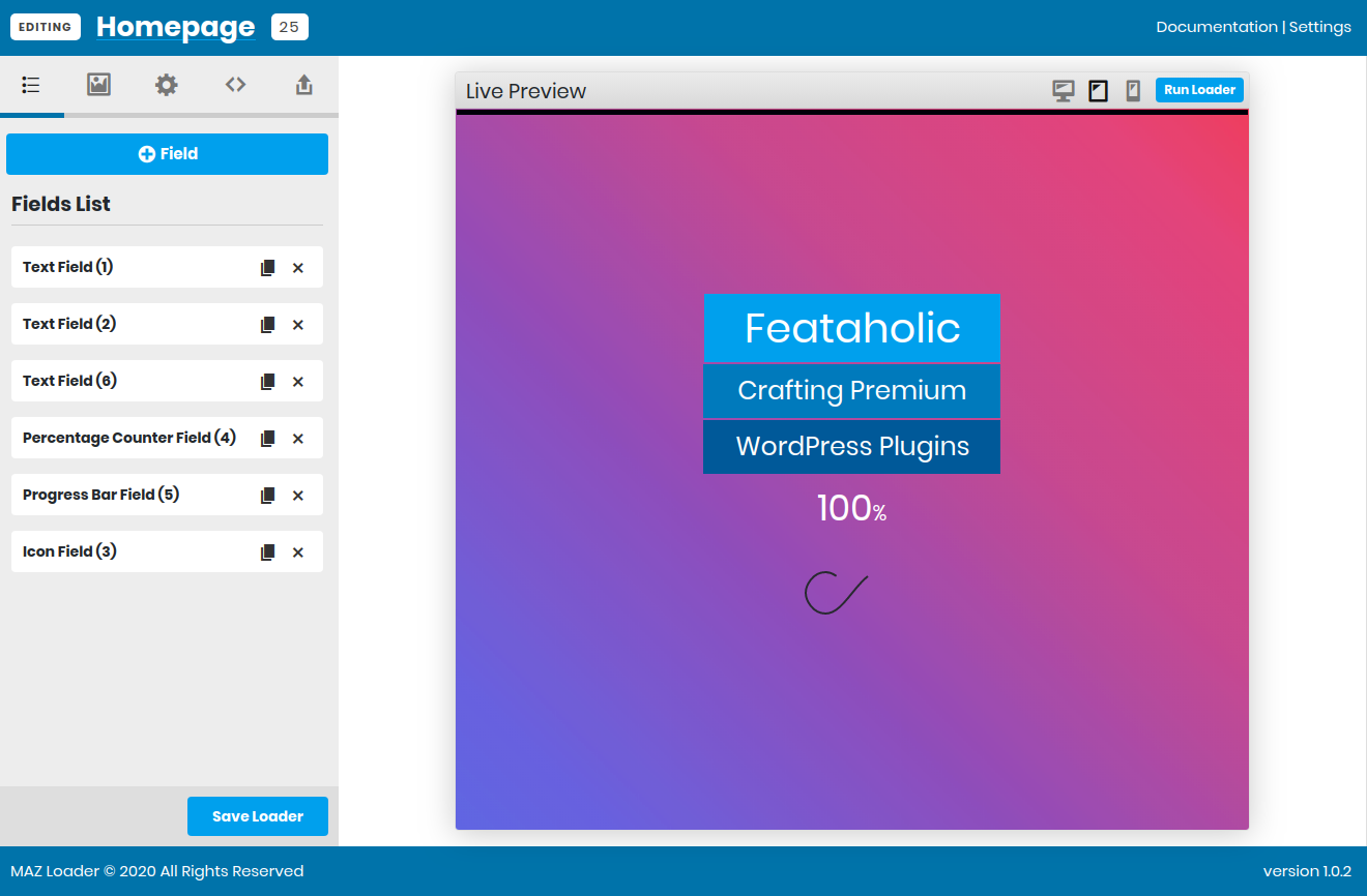 MAZ Loader Builder. This Preloader contains a Text Field, Image Field, Icon Field, Percentage Counter as well as a Progress Bar.