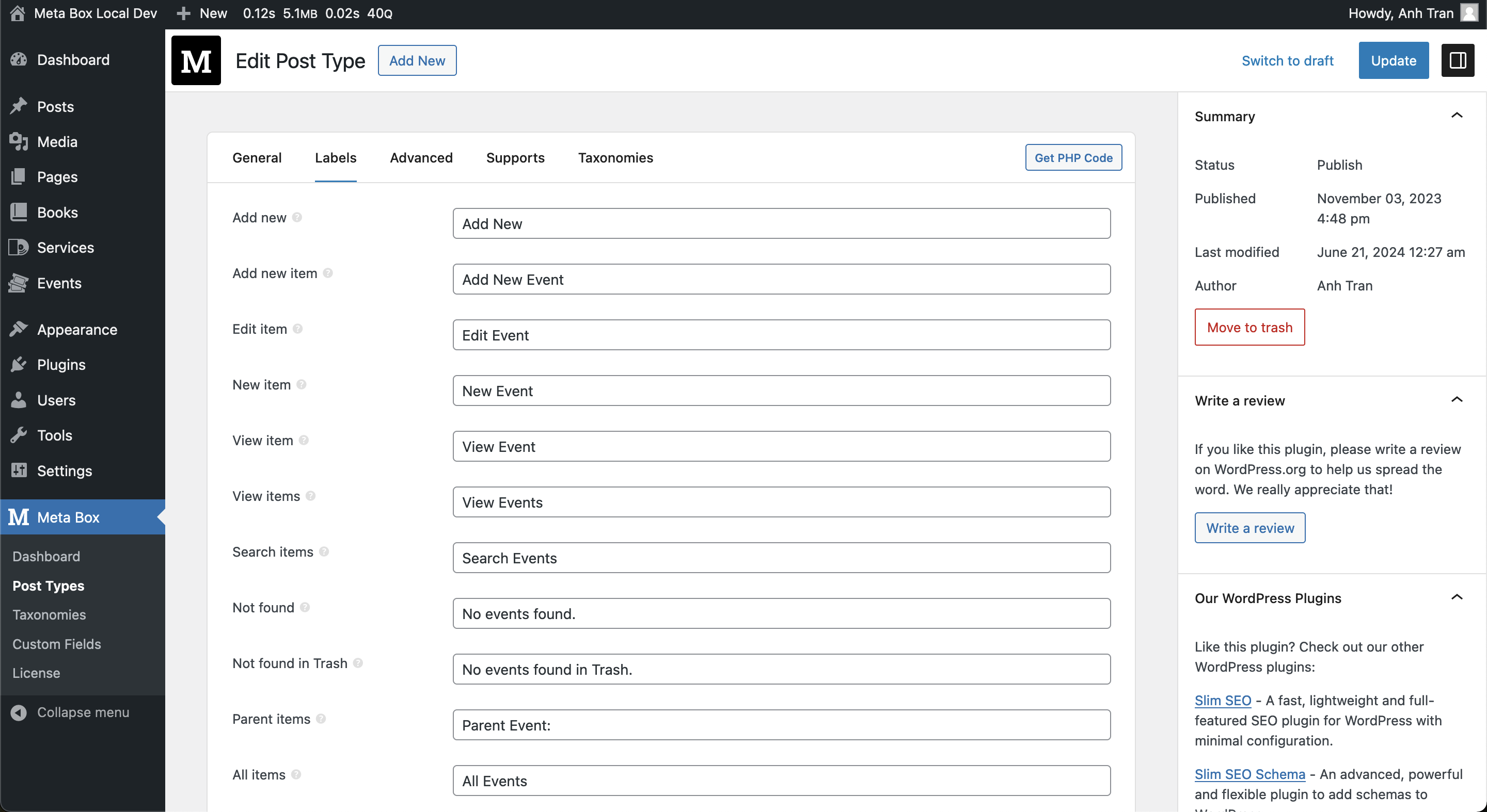 Edit custom post type - Labels tab