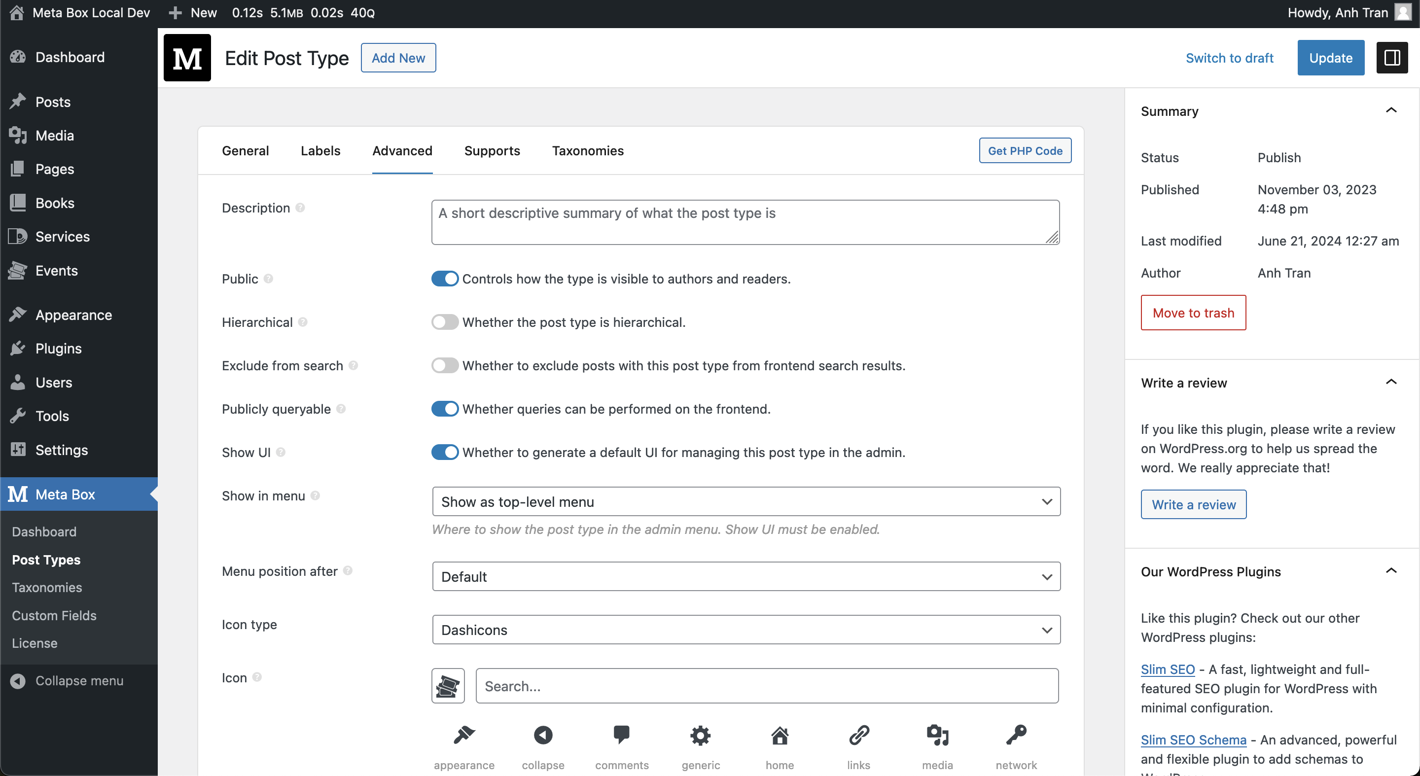 Edit custom post type - Advanced tab