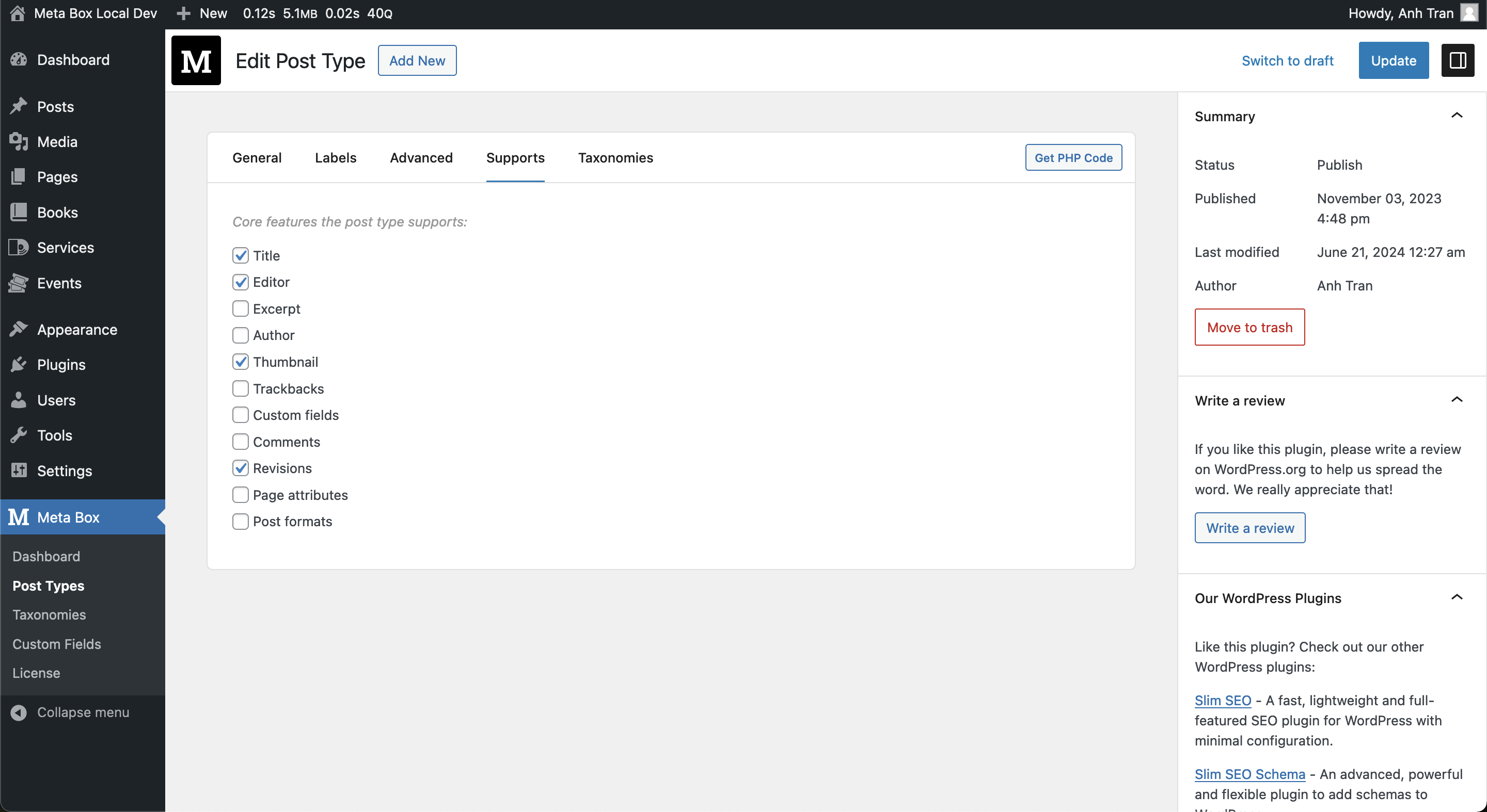 Edit custom post type - Supports tab