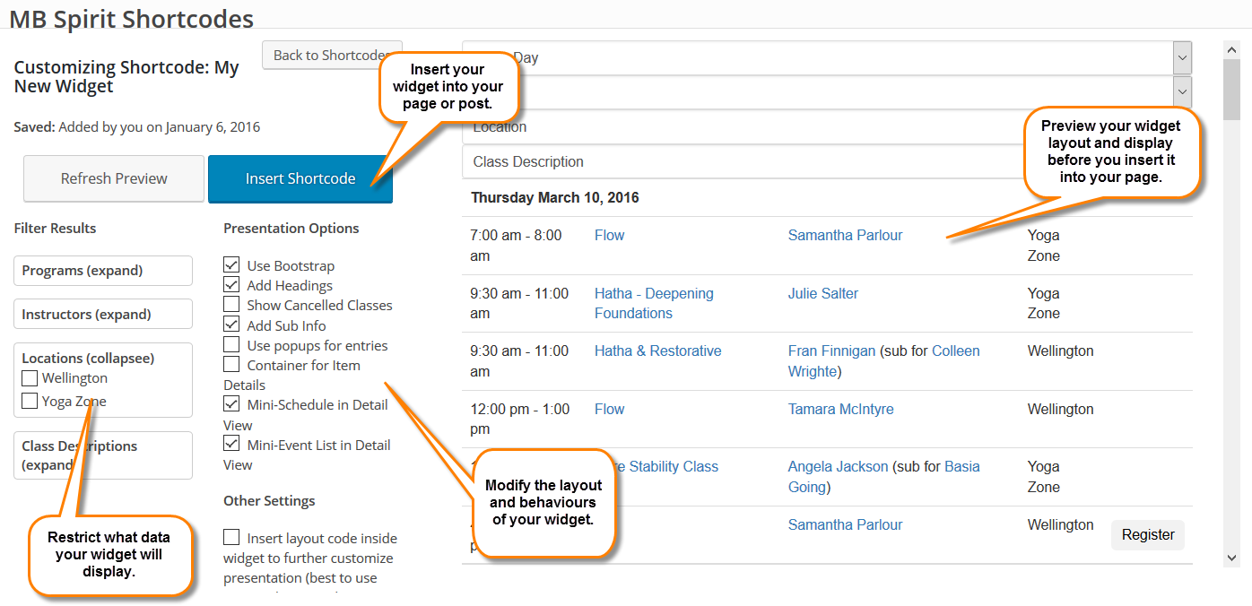 Example of schedule presentation within a different web site design