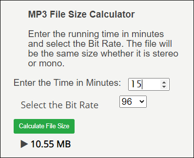 This is the MP3 file size calculator.