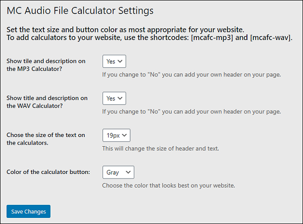 Here is the settings page, where you can determine whether to use the provided title and description above the calculators. You also determine the size of the text and the button color to best fit your website.