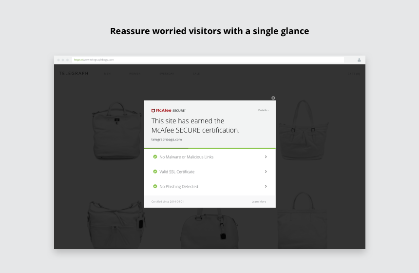 The verification modal allows visitors to authenticate a website's security certification and see website reviews, without ever leaving your site.