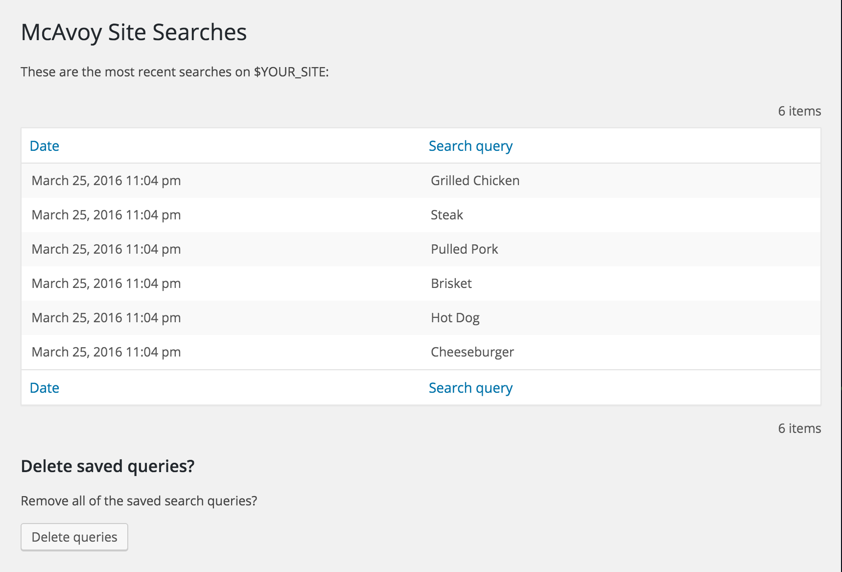 A list of recent searches made on a site – judging by the terms, it sounds like someone was hungry!
