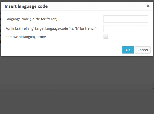 The editor popup showing language change options.