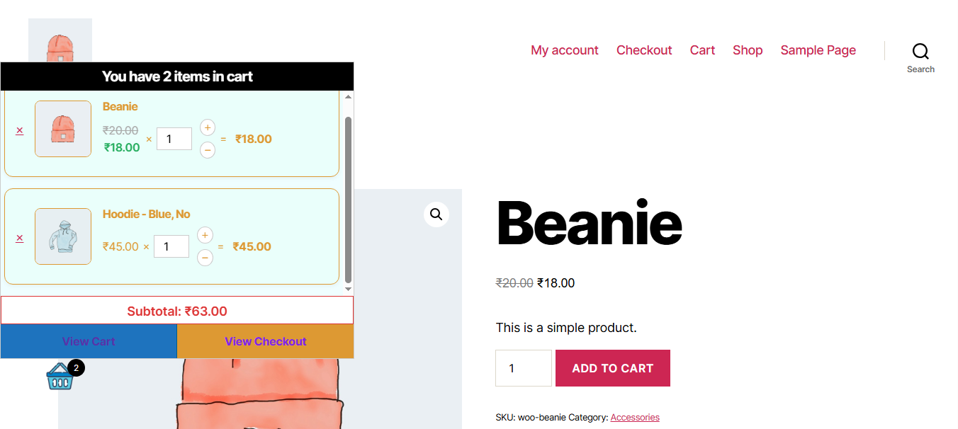 Mini cart panel showing products - left side view