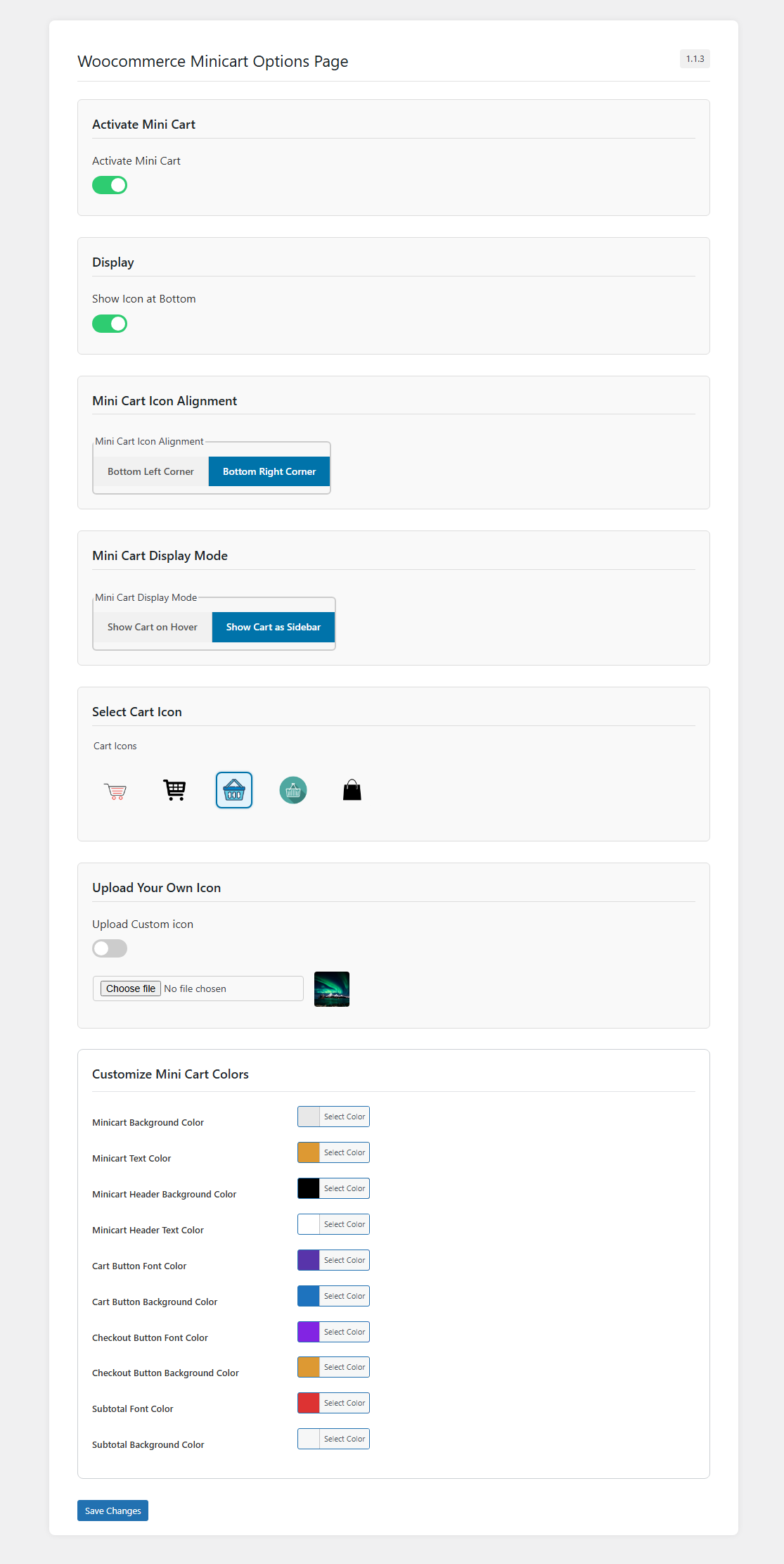 Admin settings page with display mode and customization options
