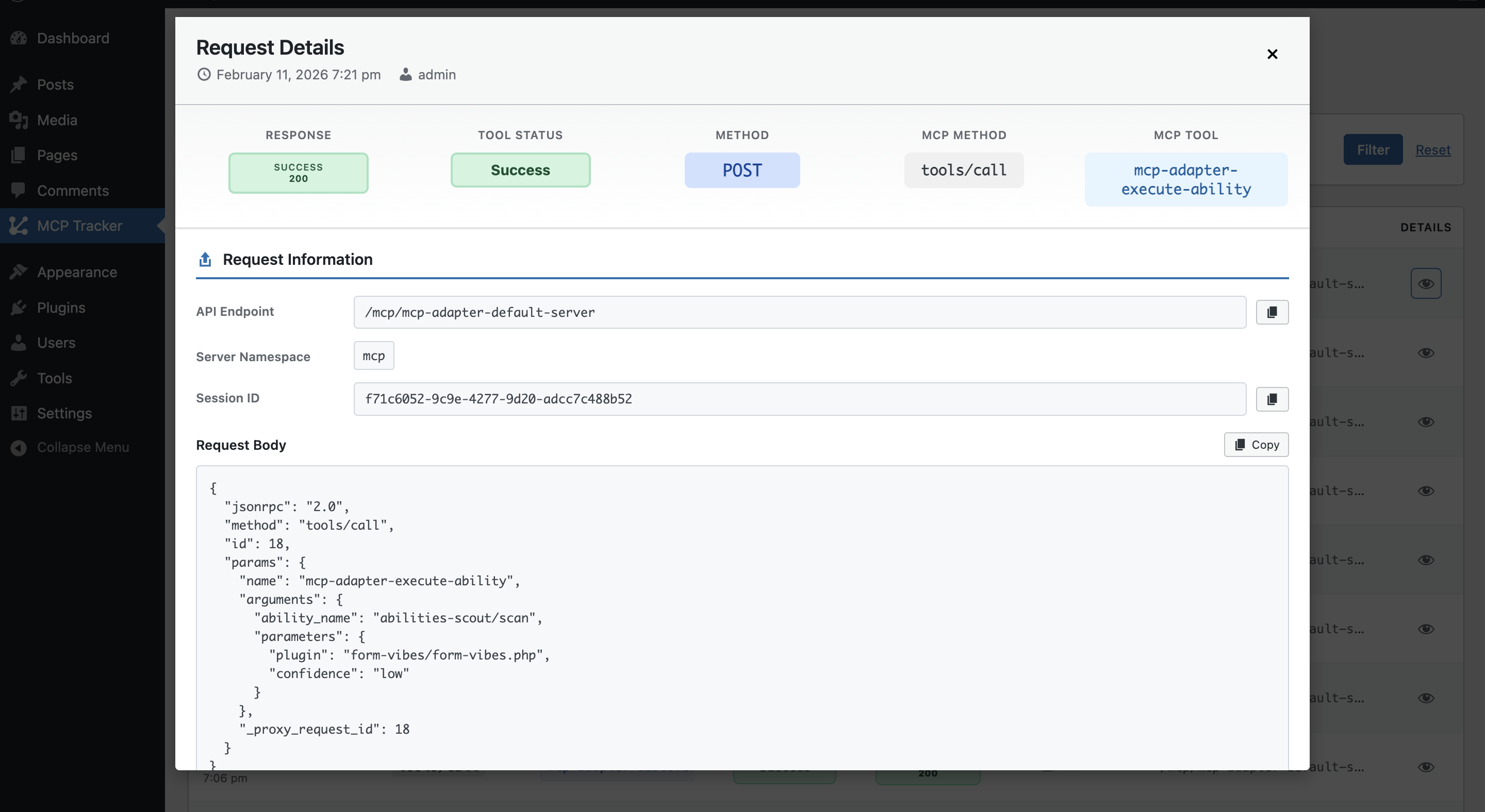 Detailed Request Information view displaying MCP method (`tools/call`), Ability name, API endpoint, session ID, and complete JSON request body for Aibilities API interactions.