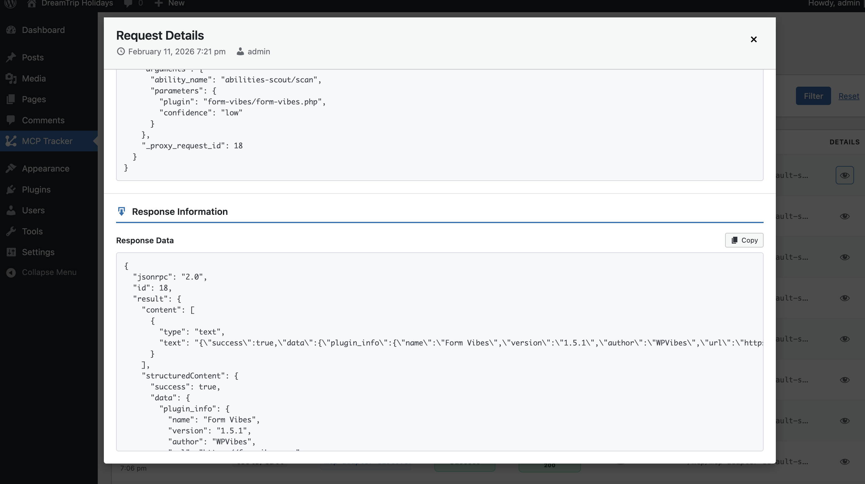 Response Information panel with formatted JSON output, including structured content, Ability execution result, and HTTP response status — making debugging and inspection easy.