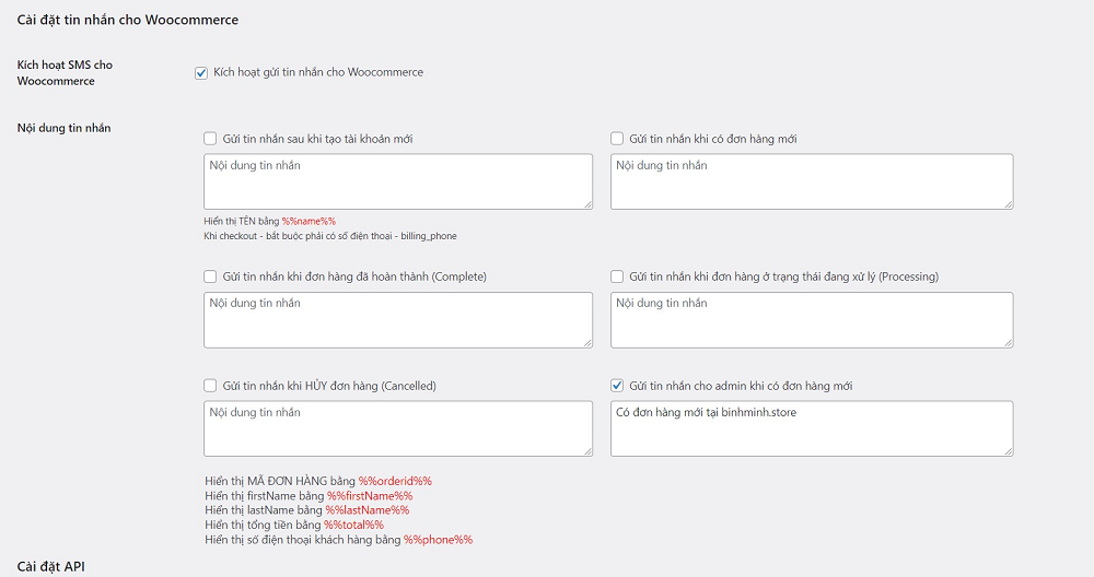 Cài đặt SMS cho Woocommerce