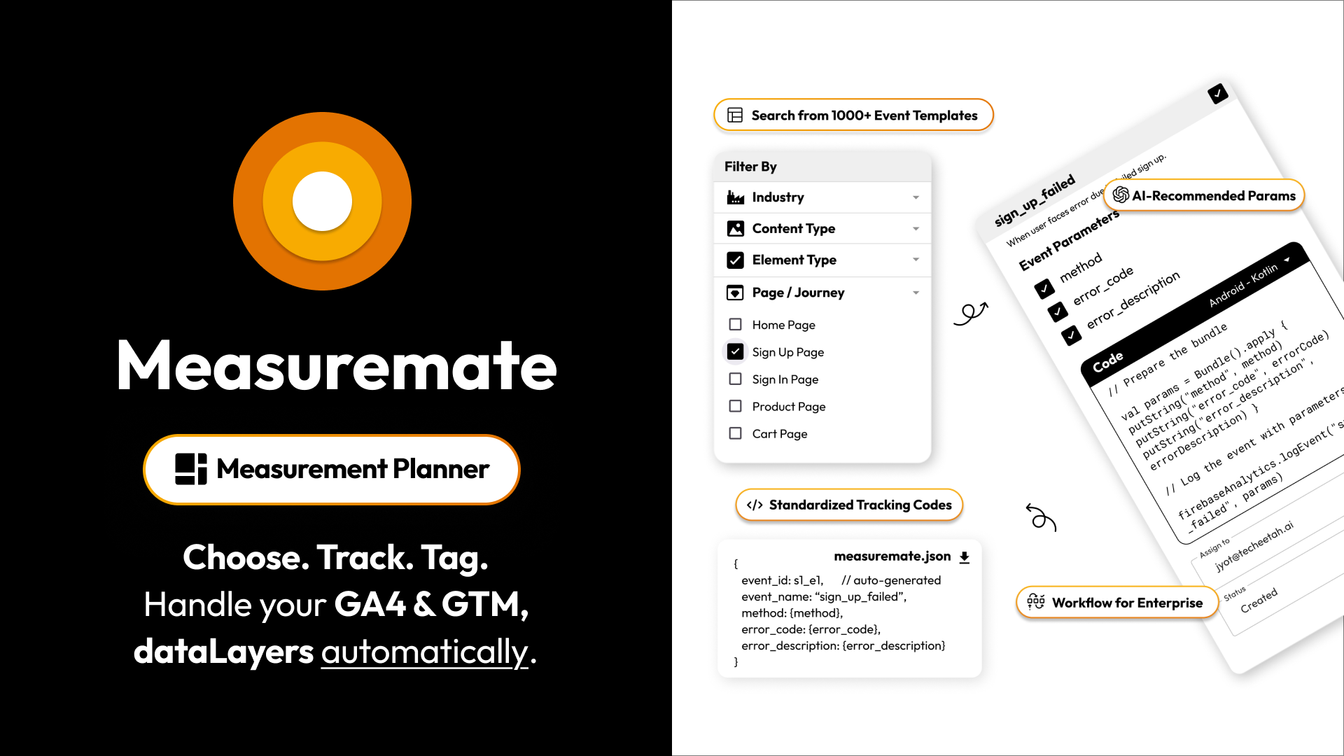**Measurement Plan Builder** – Build a full tracking strategy with AI-recommended events and no guesswork. Automate GA4, GTM Configuration & Event Validations. One-click setup for product views, cart, checkout, purchase and 17+ Woo-commerce/Shopify events.