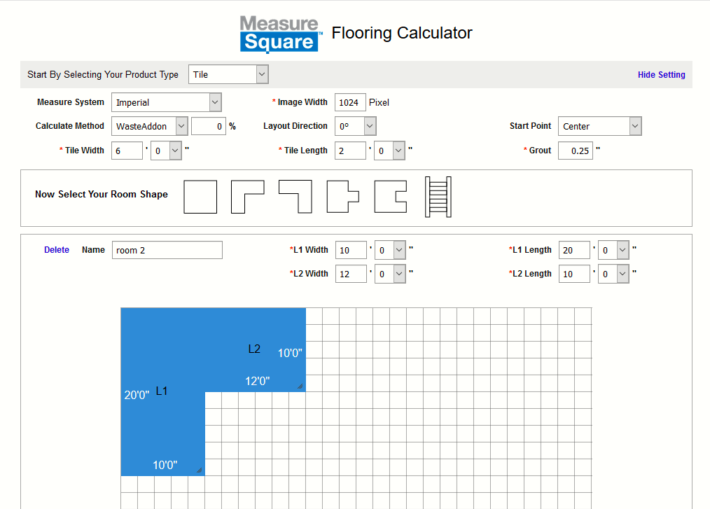 Choose from multiple room shapes and resize using click & drag or manually type in values