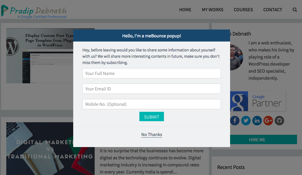 How the meBounce popup will show on your blog/website.
